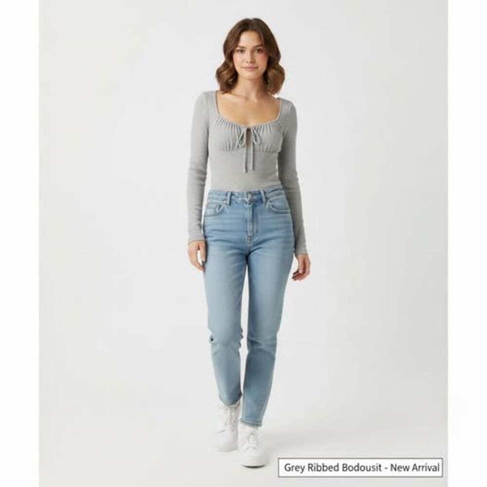 American Eagle Women's Grey Ribbed Long Sleeve Bodysuit